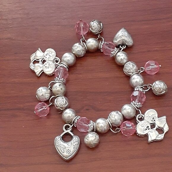 Friendship Stretch Charm Bracelet Valentine Rose and Pink Beads Silver-Tone Teen - Picture 4 of 12